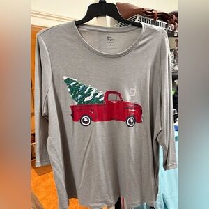 Kim Rogers Gray Tee With 3/4 sleeve and a Red Truck Plus Green Christmas Tree